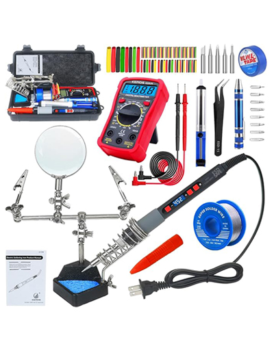 Soldering Iron Kit, 100W High Power LCD Soldering Iron, 2 Helping Hands Soldering, Flux, Iron Tips, Tin Wires, Solder Sucker, Tweezers. °C/℉ Conversion, Auto Sleep，Temperature Calibration