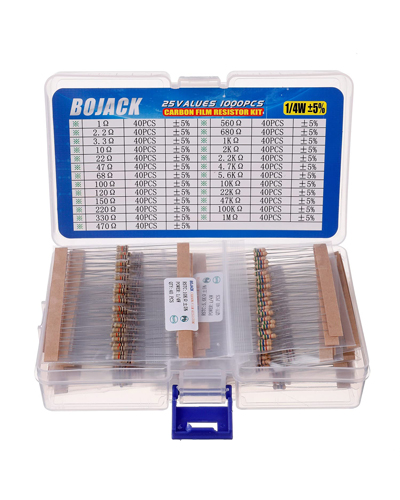BOJACK 1000 Pcs 25 Values Resistor Kit 1 Ohm-1M Ohm with 5% 1/4W Carbon Film Resistors Assortment